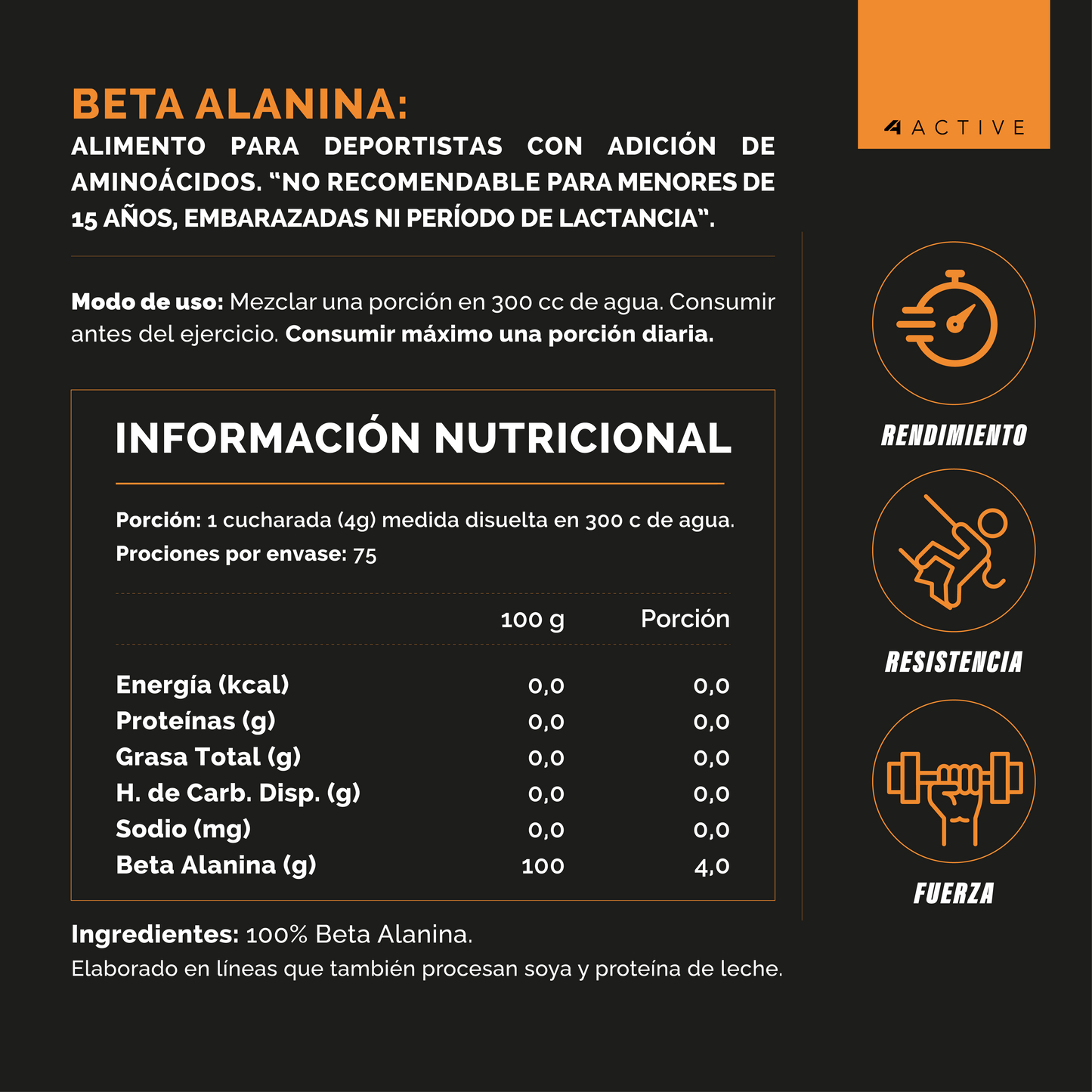 4Active 100% Beta-Alanine - 300 Grs