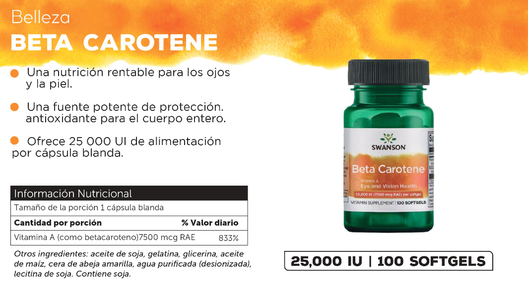 Swanson Beta Carotene 25.000 Lu (7.500 Mcg Rae) 100 Sgels