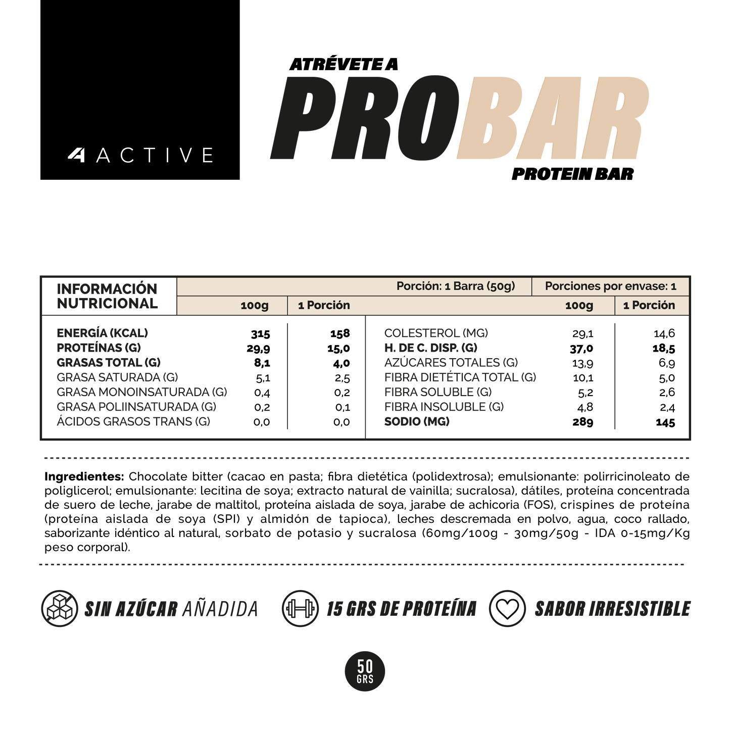 4Active PROBAR Protein Bar 50g - 16 unidades