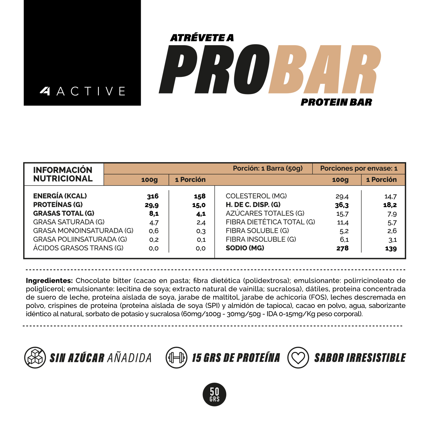 4Active PROBAR Protein Bar 50g - 16 unidades