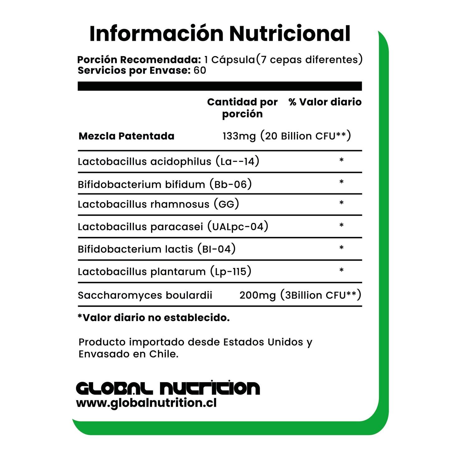 Probiótico Premium 20 Billion - 7 Cepas Activas - 60 Caps - Global Nutrition