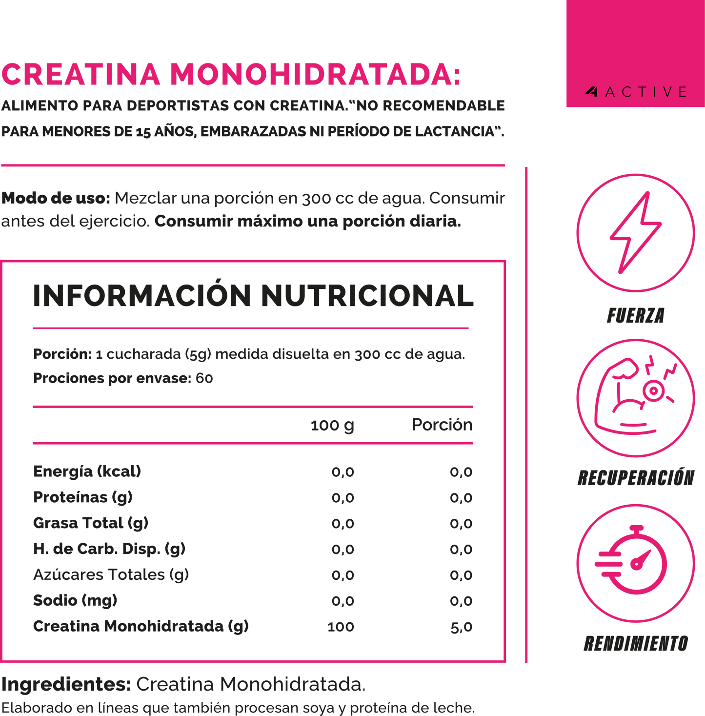4Active 100% Pure Creatine Women 300 Grs 60 Servicios
