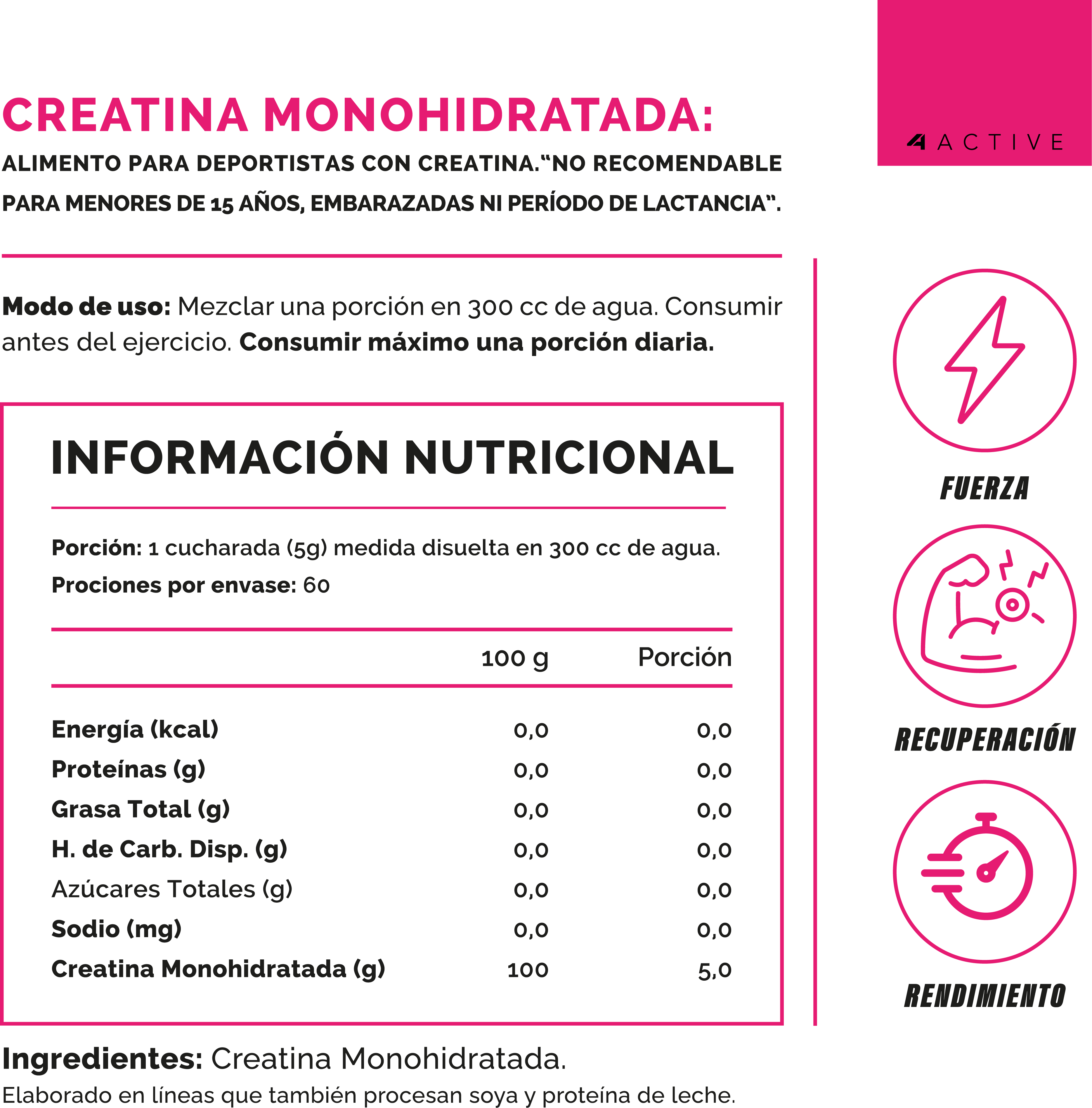 Creatine 4active 100% Pure Women 300 Grs 60 Servicios