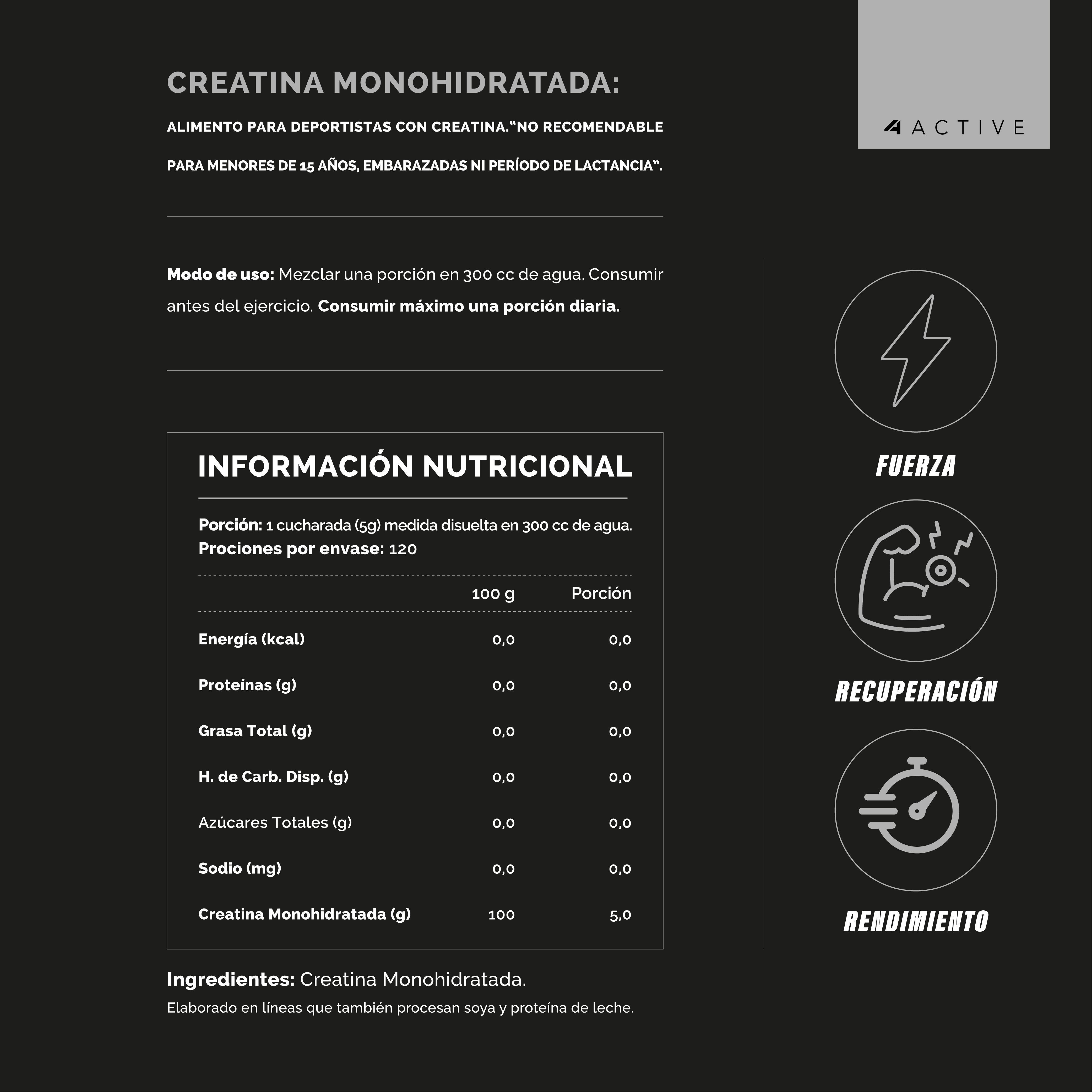 4active 100% Pure Creatine Monohydrate 600 gramos