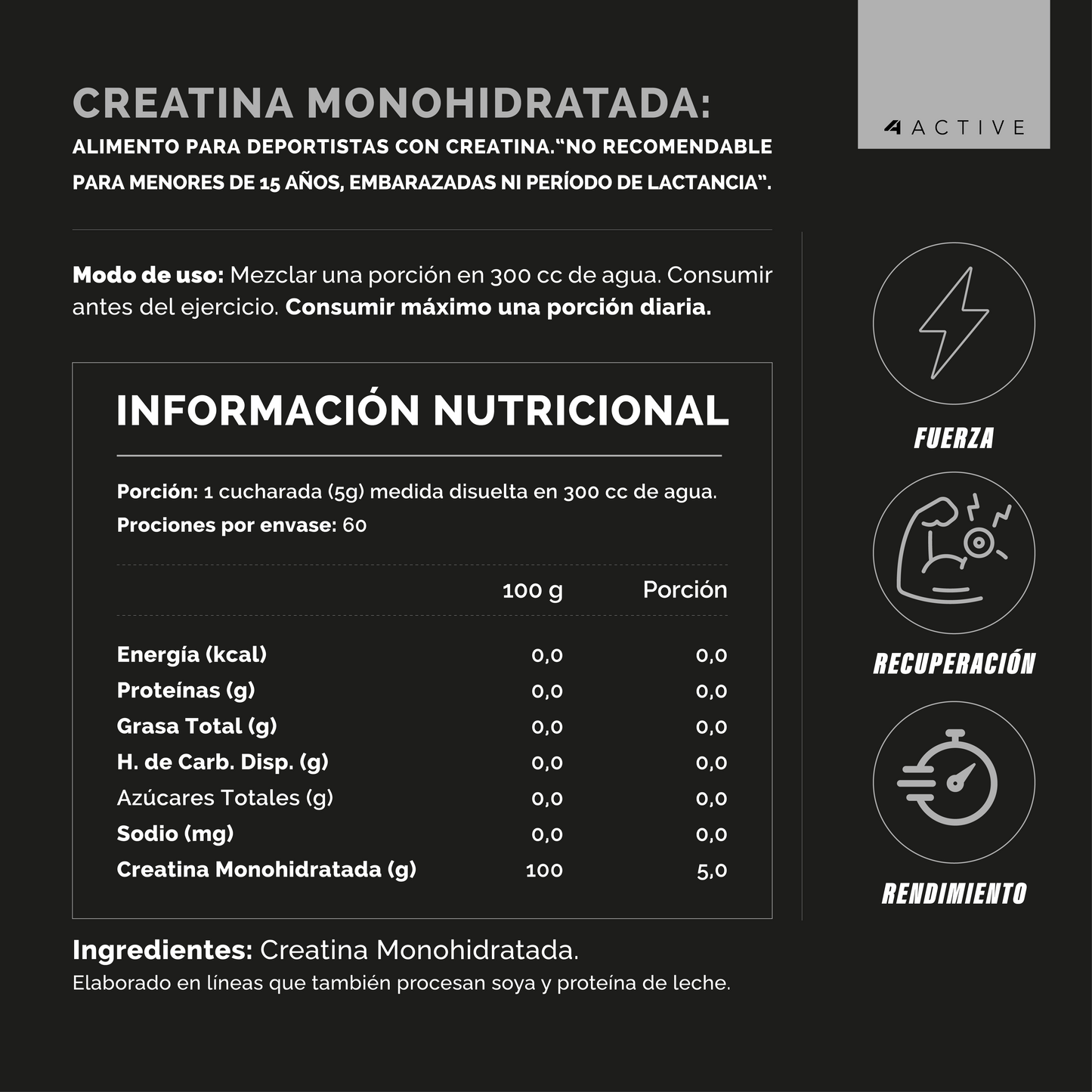 4Active 100% Pure Creatine Monohydrate - 300 Grs