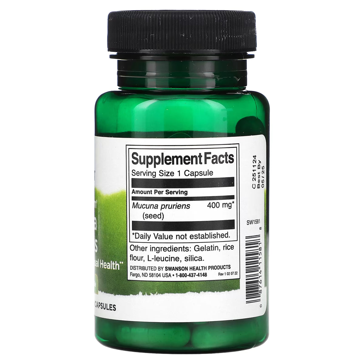Swanson Mucuna Pruriens 400 mg | 60 Cápsulas · L-Dopa Estado de Ánimo y Libido