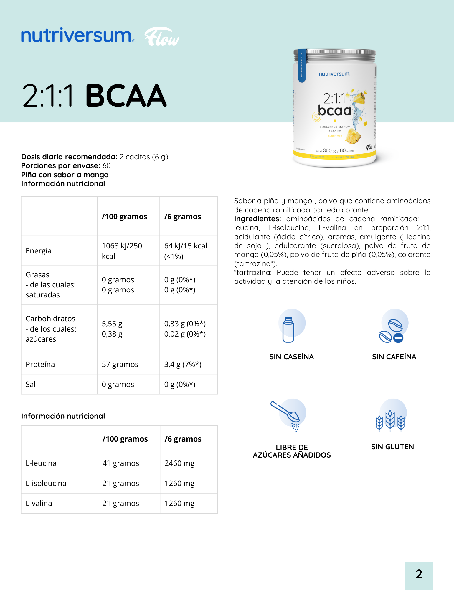 BCAA 2:1:1 - Nutriversum - 360g / 60 Servicios