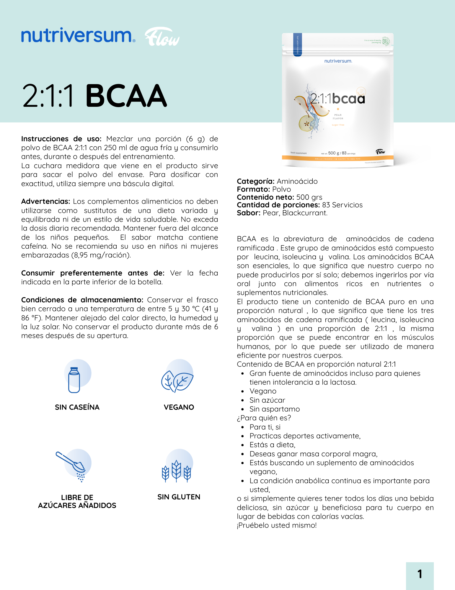 BCAA 2:1:1 - Nutriversum - 500g / 83 Servicios