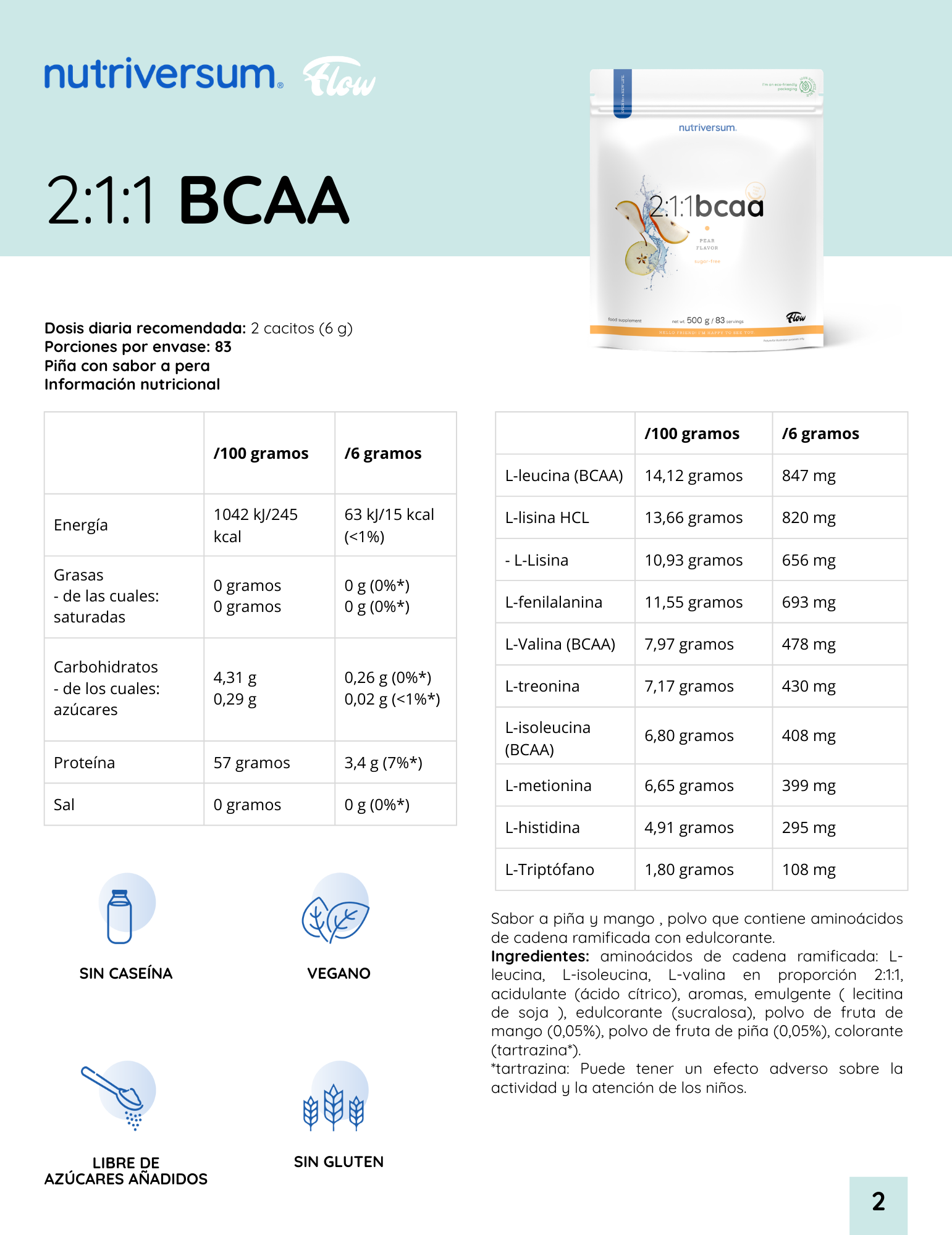 BCAA 2:1:1 - Nutriversum - 500g / 83 Servicios