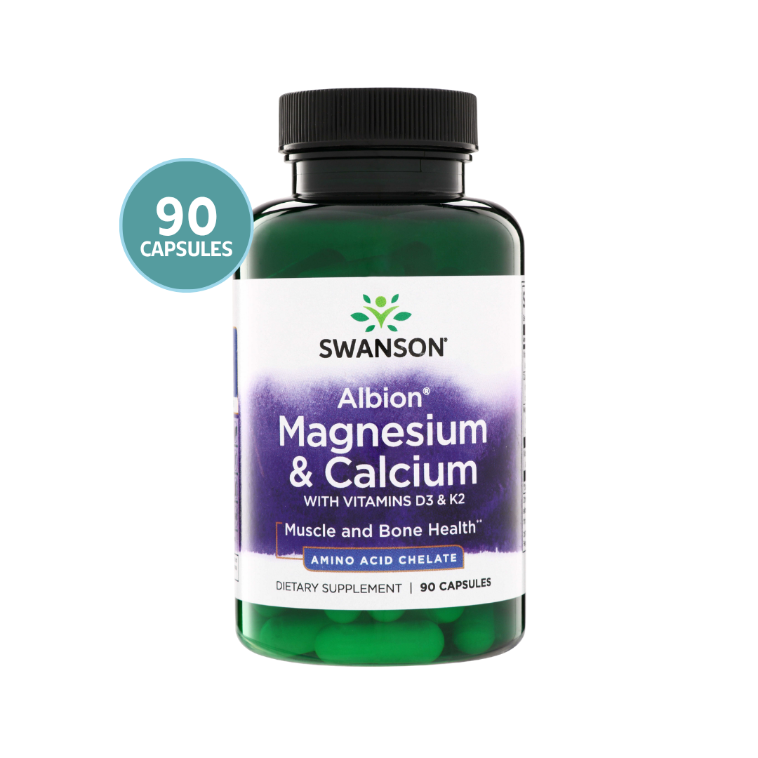 Swanson Albion Magnesium & Calcium + Vitaminas D3 & K2 | 90 Cápsulas Veganas