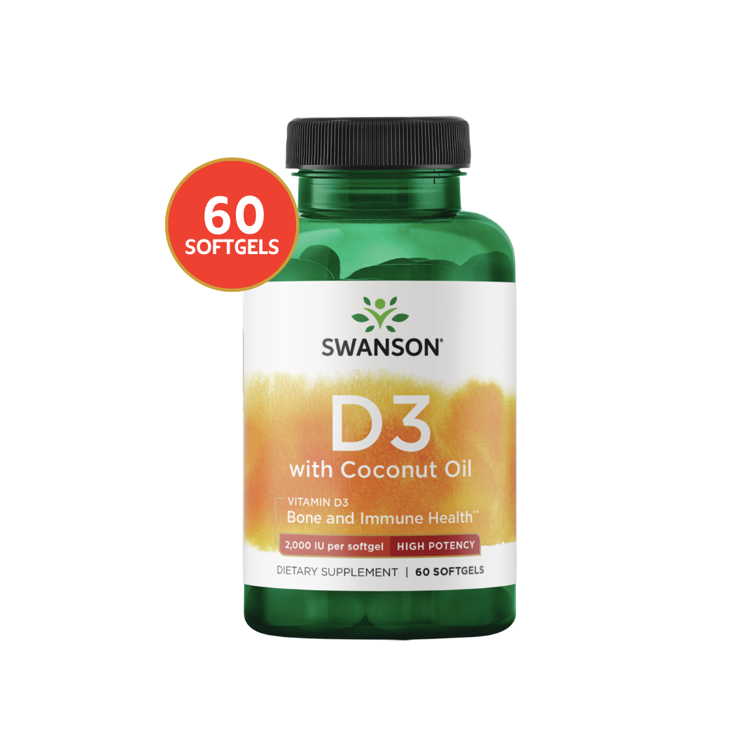 Swanson Vitamina D3 + Aceite de Coco 2.000 IU | 60 Softgels · Mayor Absorción