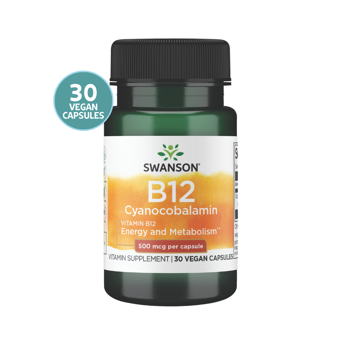 Swanson Vitamina B12 500 mcg | 30 Cápsulas Veganas · Energía y Sistema Nervioso