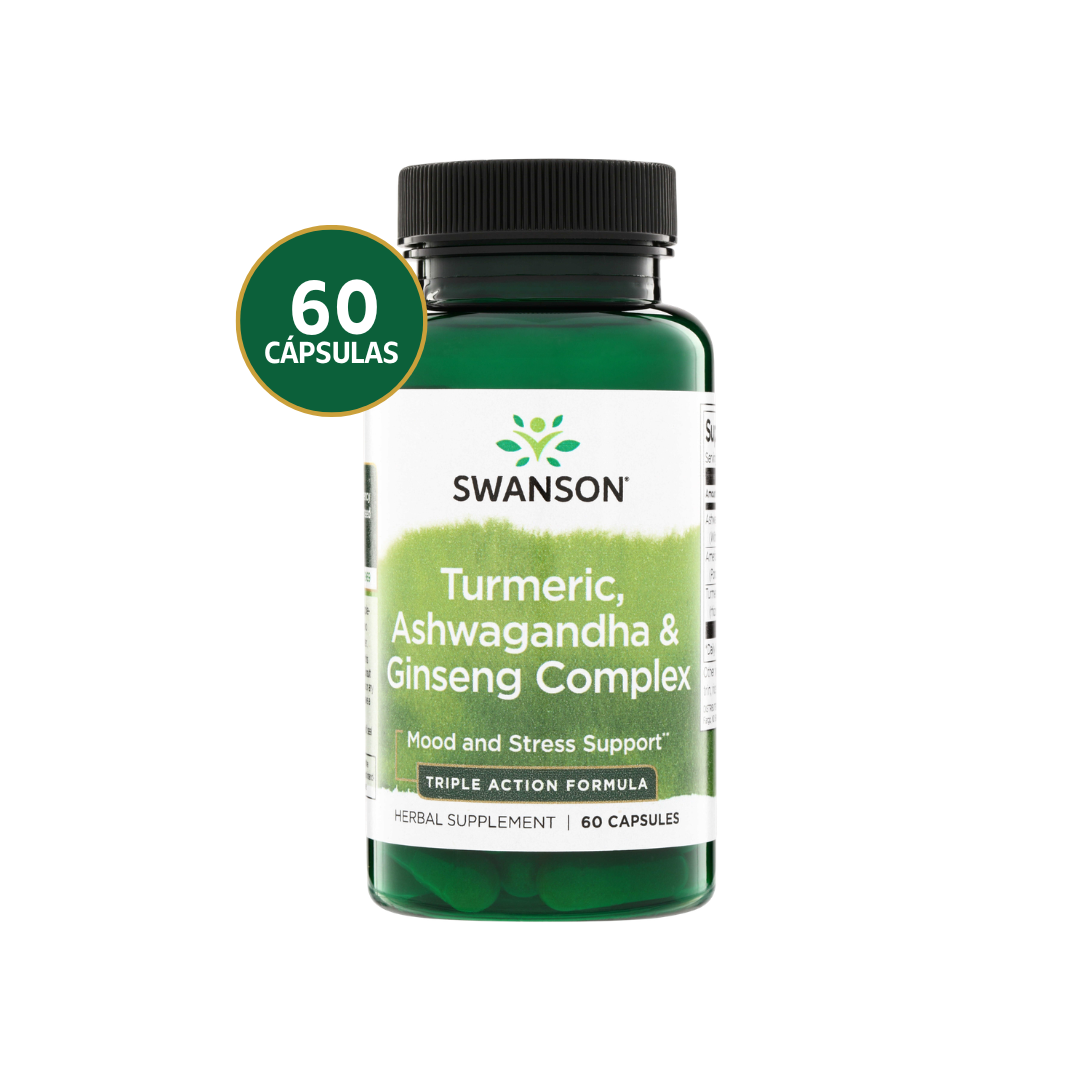 Swanson Cúrcuma + Ashwagandha + Ginseng | 60 Cápsulas · Triple Acción Adaptógeno
