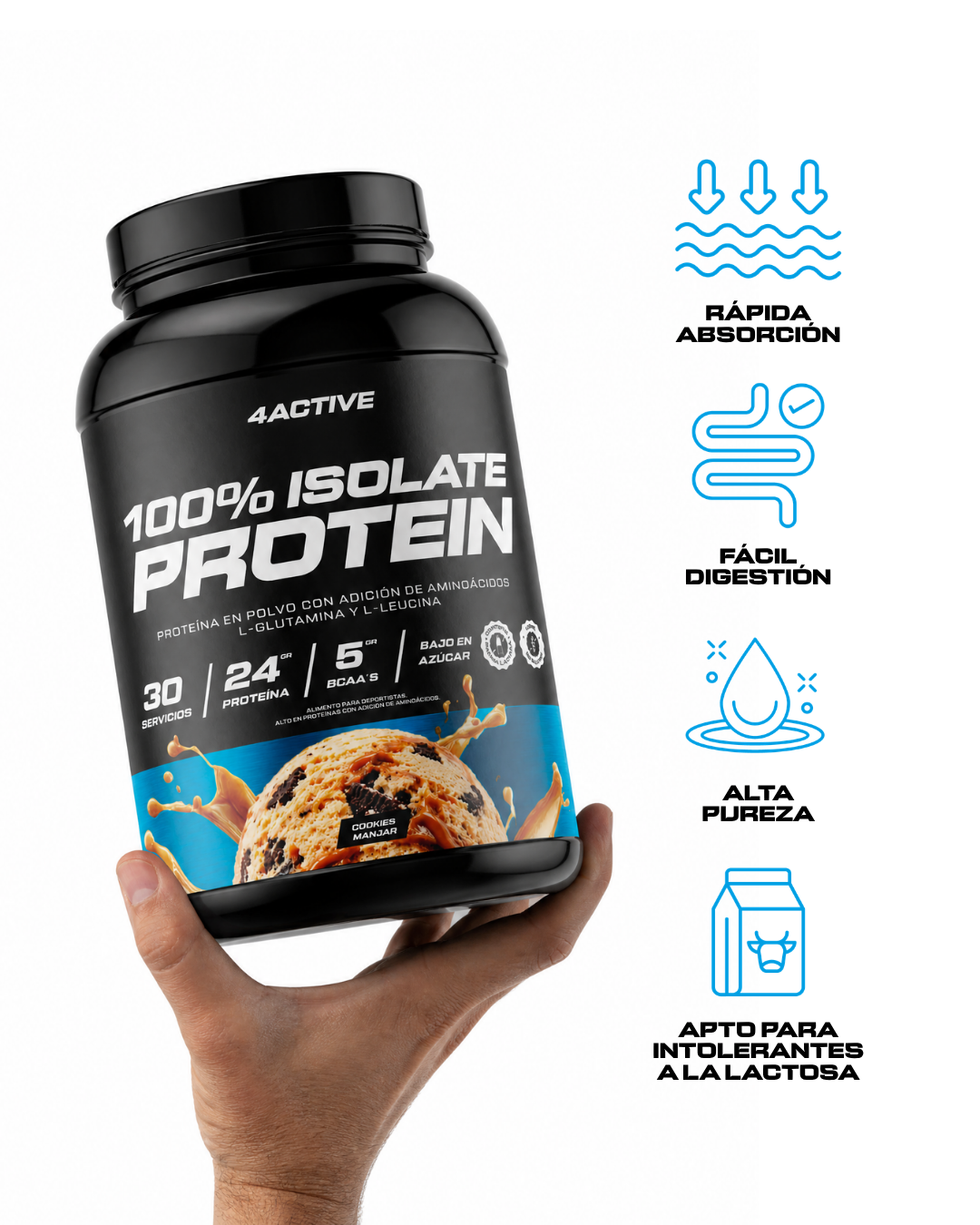 4Active 100% Isolate Protein 30 Servicios | Proteína Aislada 24g de Proteína, 5g BCAA y Bajo en Azúcar