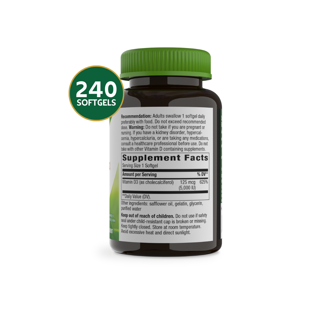 Nature's Way Vitamina D3 Max 5.000 IU | 240 Softgels · Alta Potencia Ósea e Inmune
