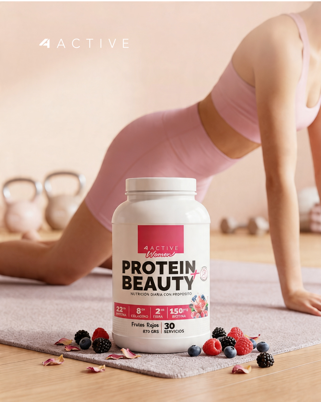 4Active Women Protein Beauty | 30 Servicios · 22g Proteína + 8g Colágeno + 2g Fibra + Biotina