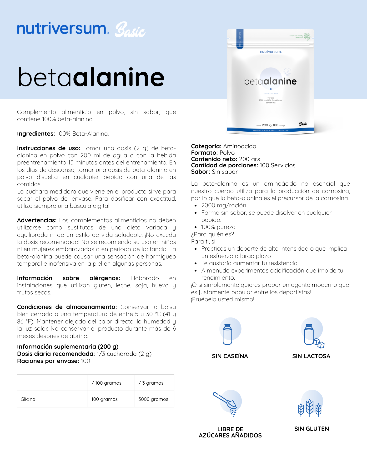 Beta Alanine 100% - Nutriversum - 200g / 100 Servicios