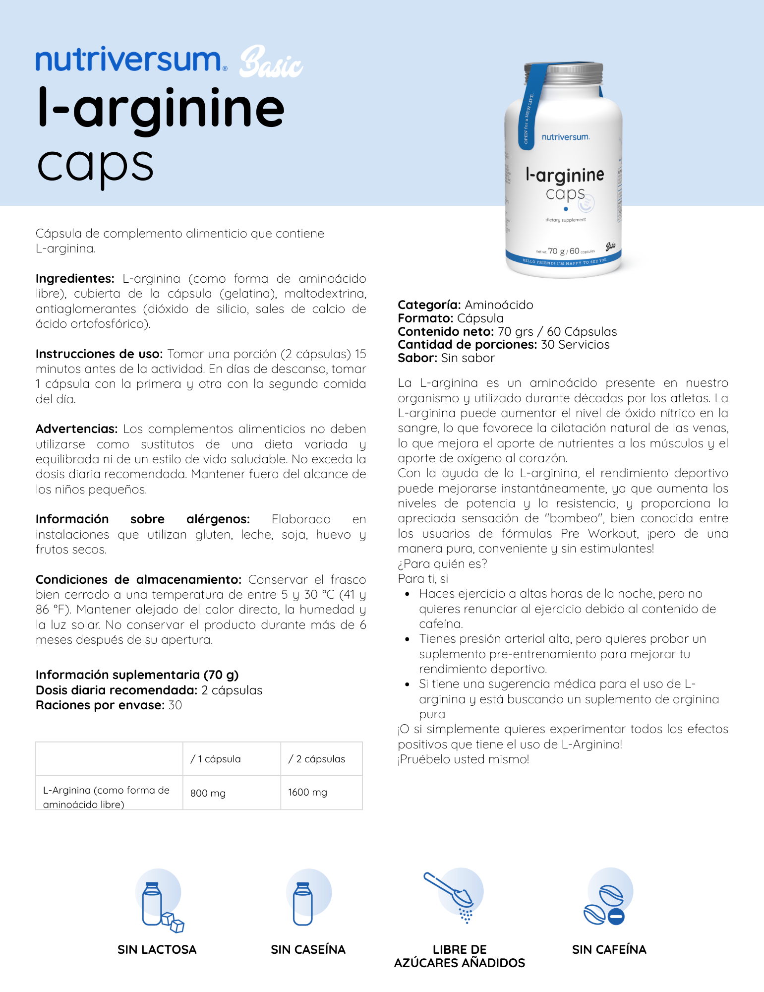 Nutriversum L-Arginina 60 Cápsulas | Óxido Nítrico, Pump y Vasodilatación
