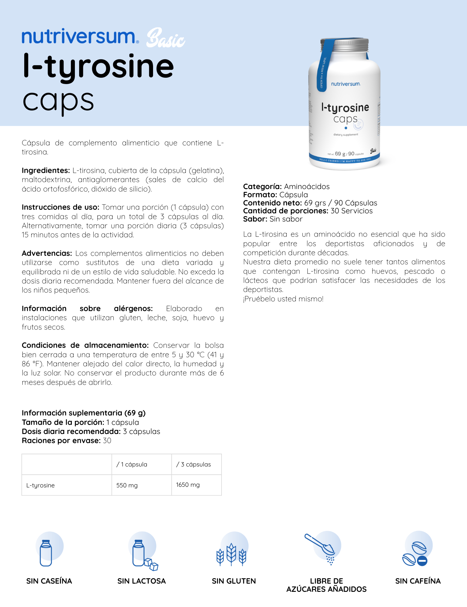 Nutriversum L-Tirosina 90 Cápsulas | Concentración, Enfoque y Estado de Ánimo