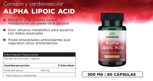 Acido Alpha Lipoico (ala) 300 Mg/ 60 Caps Swanson Sabor Sin Sabor
