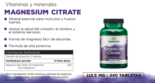 Swanson Magnesium Citrate - Super Strength 112.5 Mg 240 Tabs