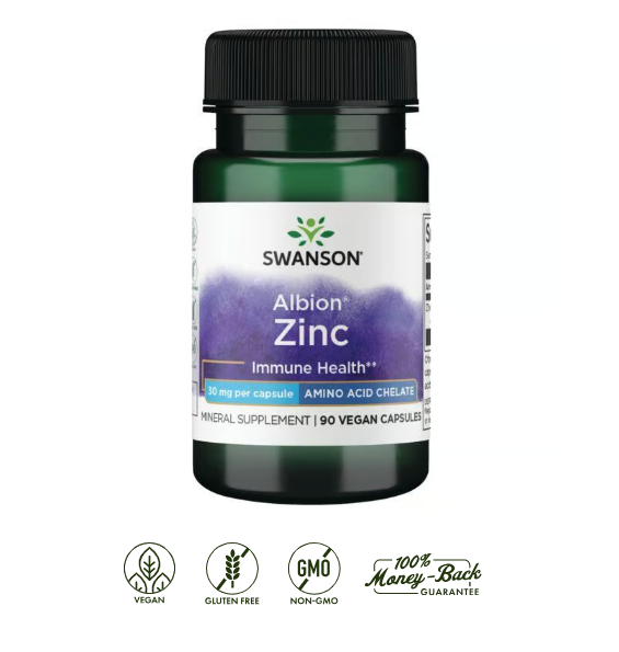 Swanson Albion Zinc Quelado 30 mg | 90 Cápsulas · Sistema Inmune Premium
