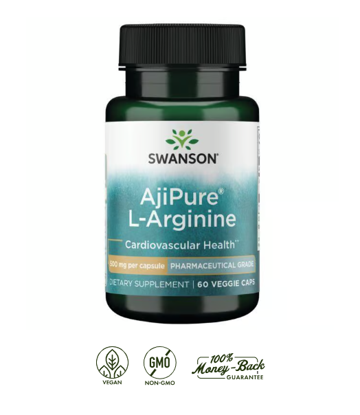 Swanson L-Arginina AjiPure Grado Farmacéutico 500 mg | 60 Cápsulas · Óxido Nítrico