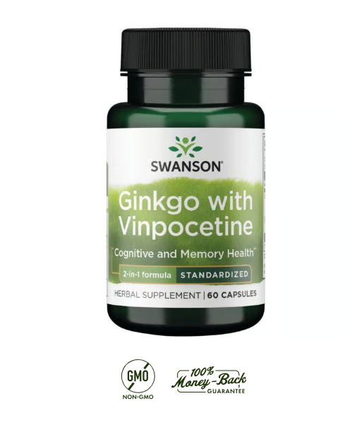 Swanson Ginkgo Biloba + Vinpocetina | 60 Cápsulas · Memoria y Circulación Cerebral