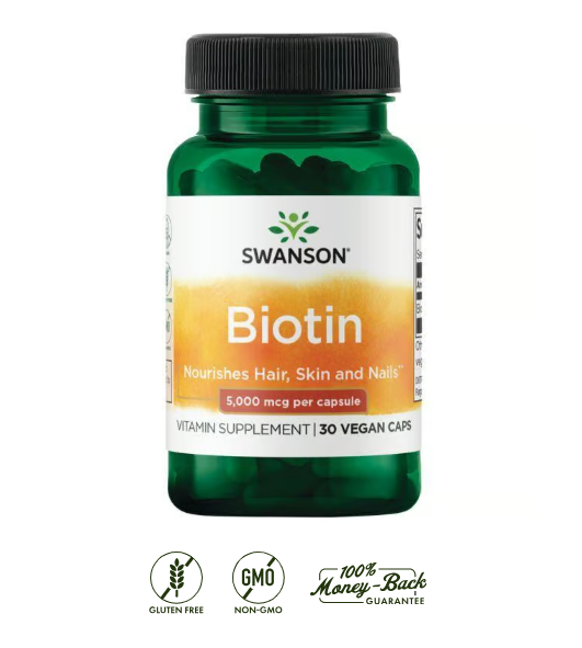 Swanson Biotina 5.000 mcg | 30 Cápsulas · Cabello, Piel y Uñas