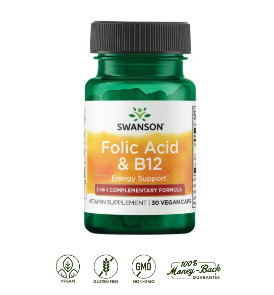 Swanson Ácido Fólico + Vitamina B12 | 30 Cápsulas · Embarazo y Energía