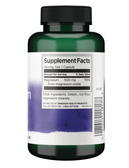 Swanson Óxido de Magnesio 500 mg | 100 Cápsulas · Tránsito Intestinal
