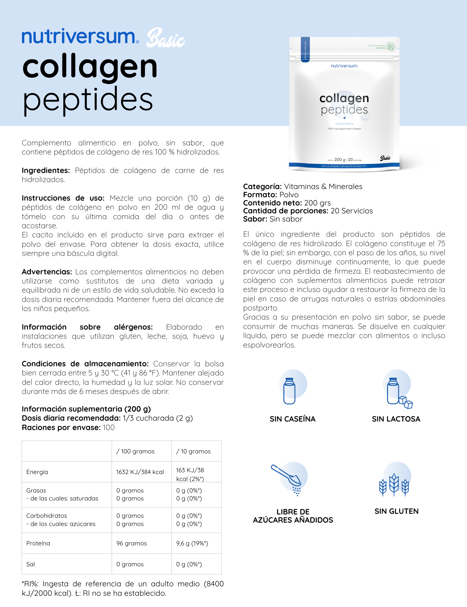Collagen Peptides 100% - Nutriversum - 200g / 20 Servicios