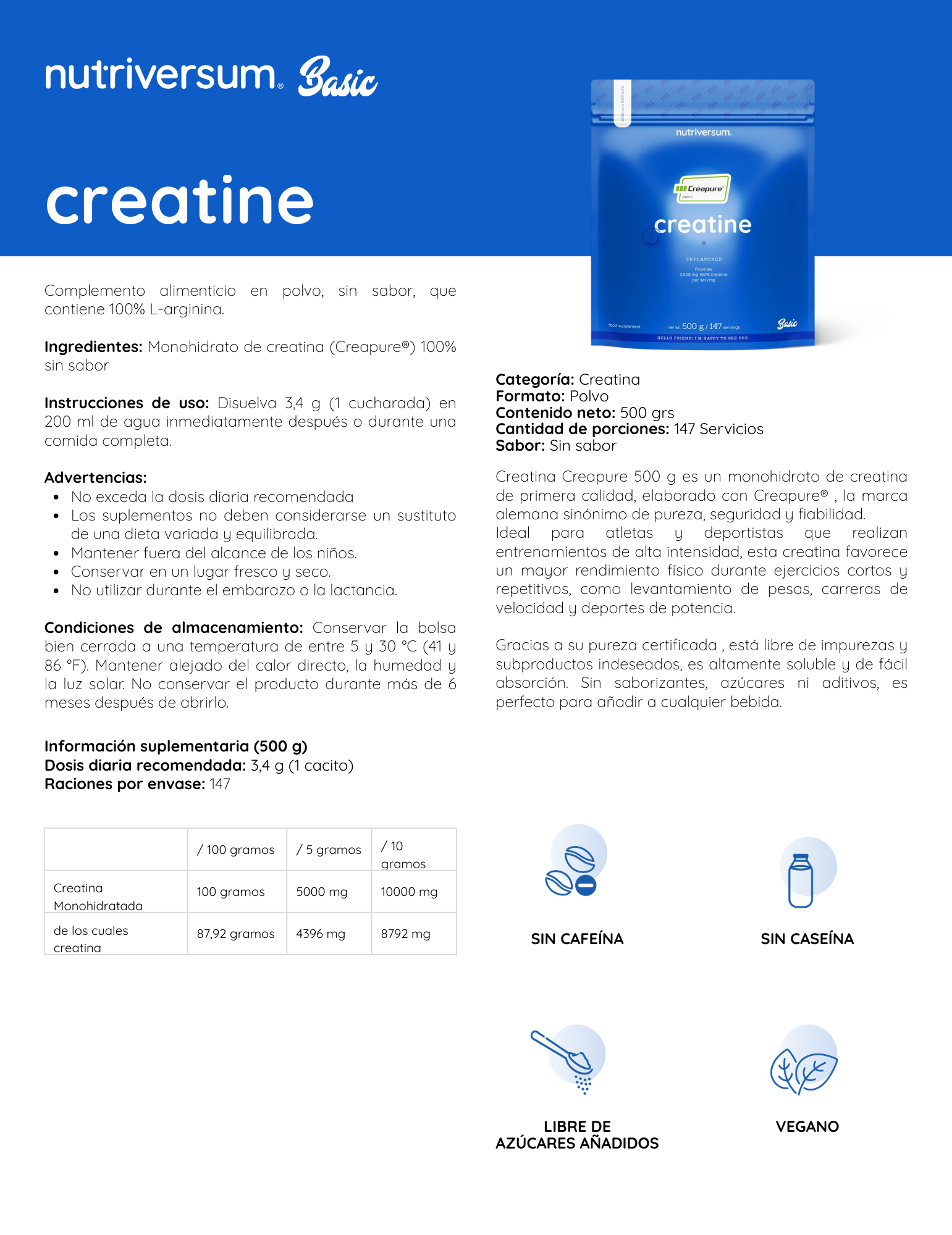 Nutriversum Creatina Creapure 100% Pura 500 g | 147 Servicios · Calidad Alemana · Fuerza