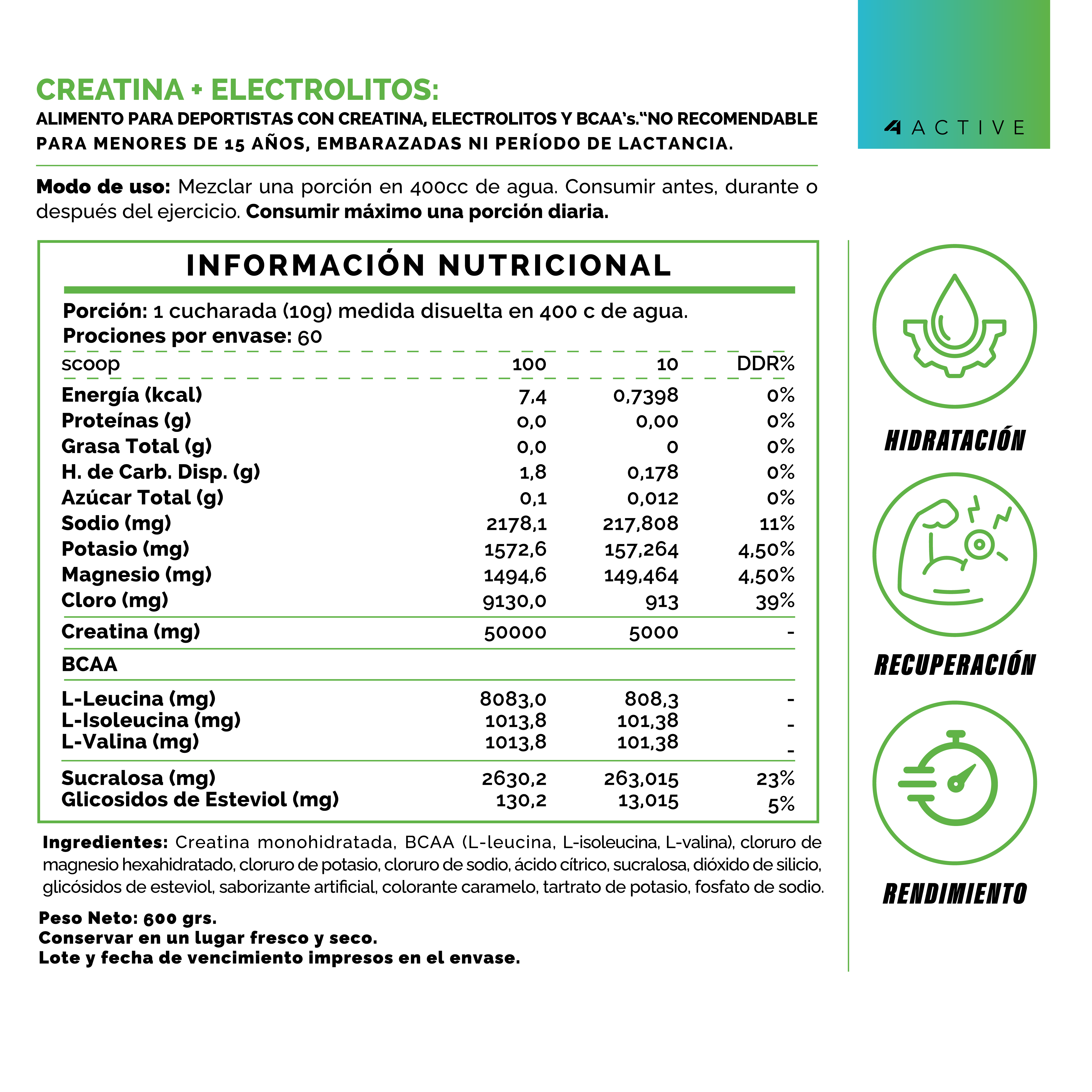 4active Creatine + Electrolytes 600 Grs