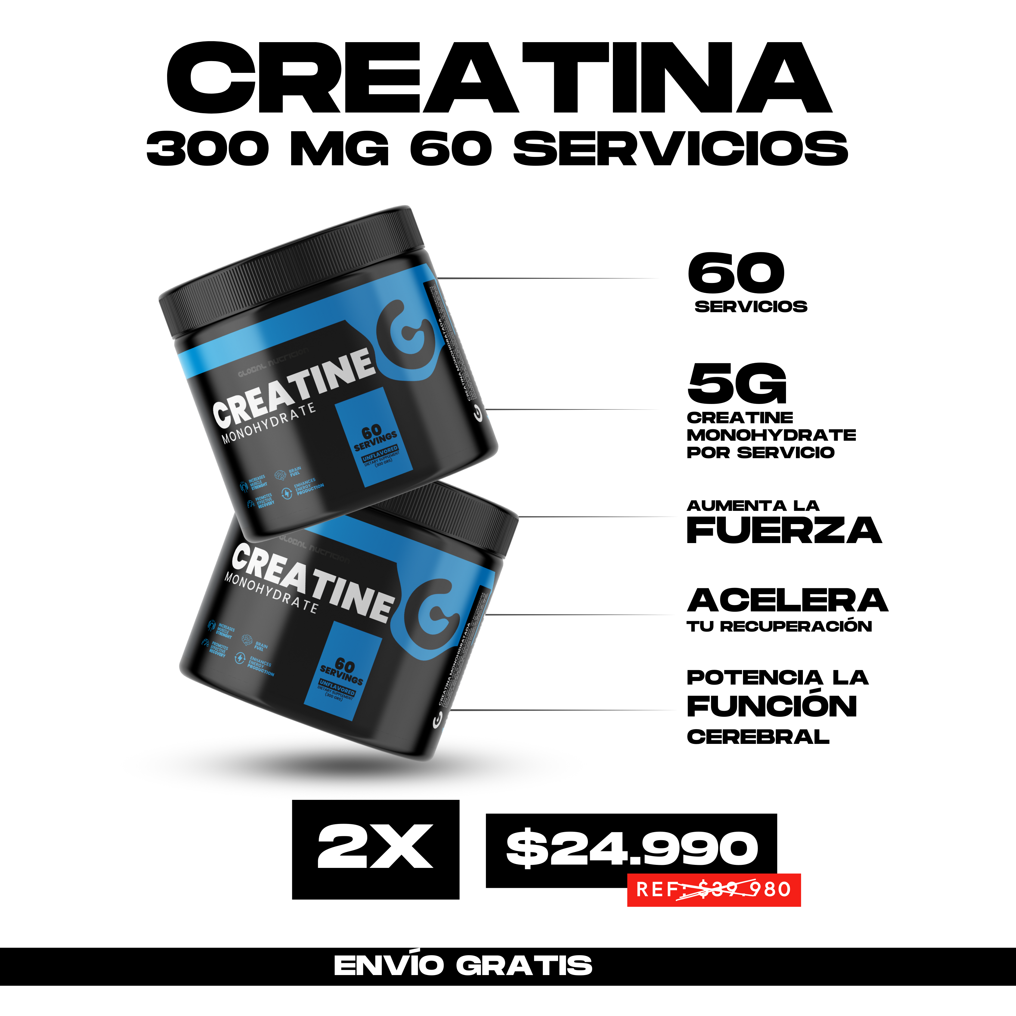 Pack 2x Global Nutrition Creatina Monohidratada 300 g $24.990 | 60 Servicios c/u