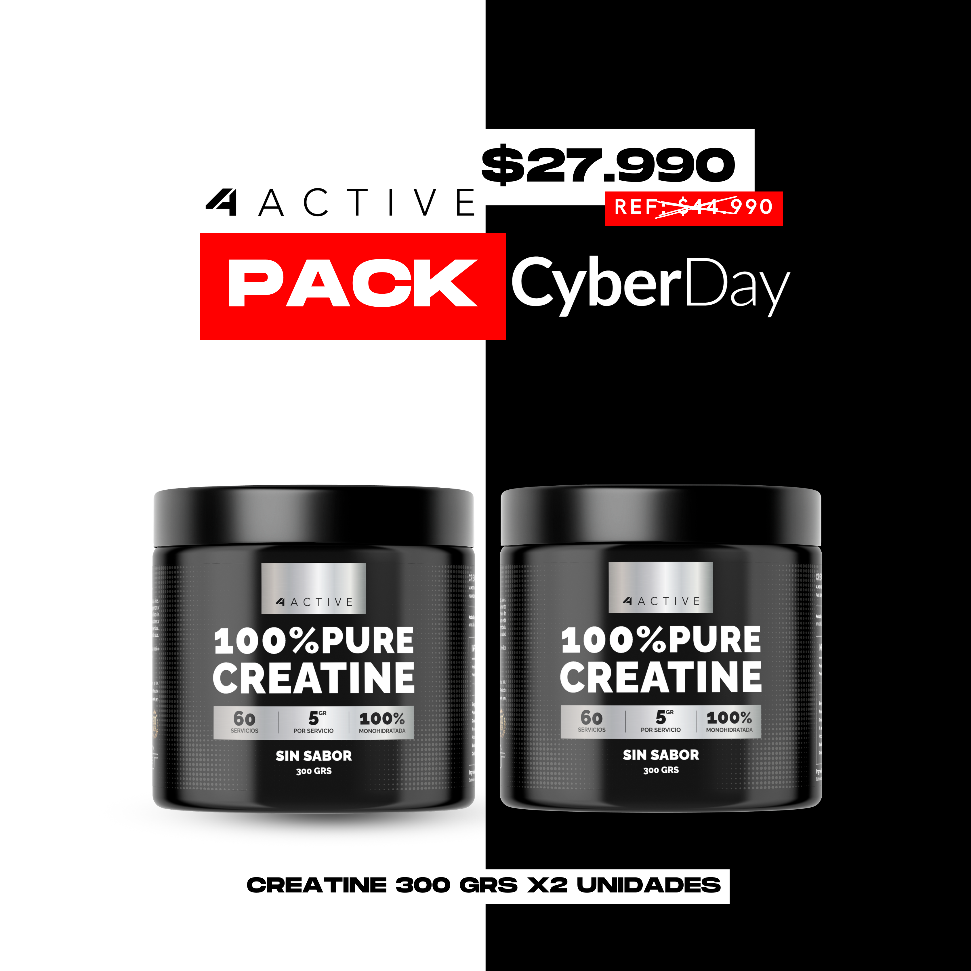 Pack 2x Creatina Monohidratada 300g 60 Servicios 4Active | Fuerza · Rendimiento · Recuperación