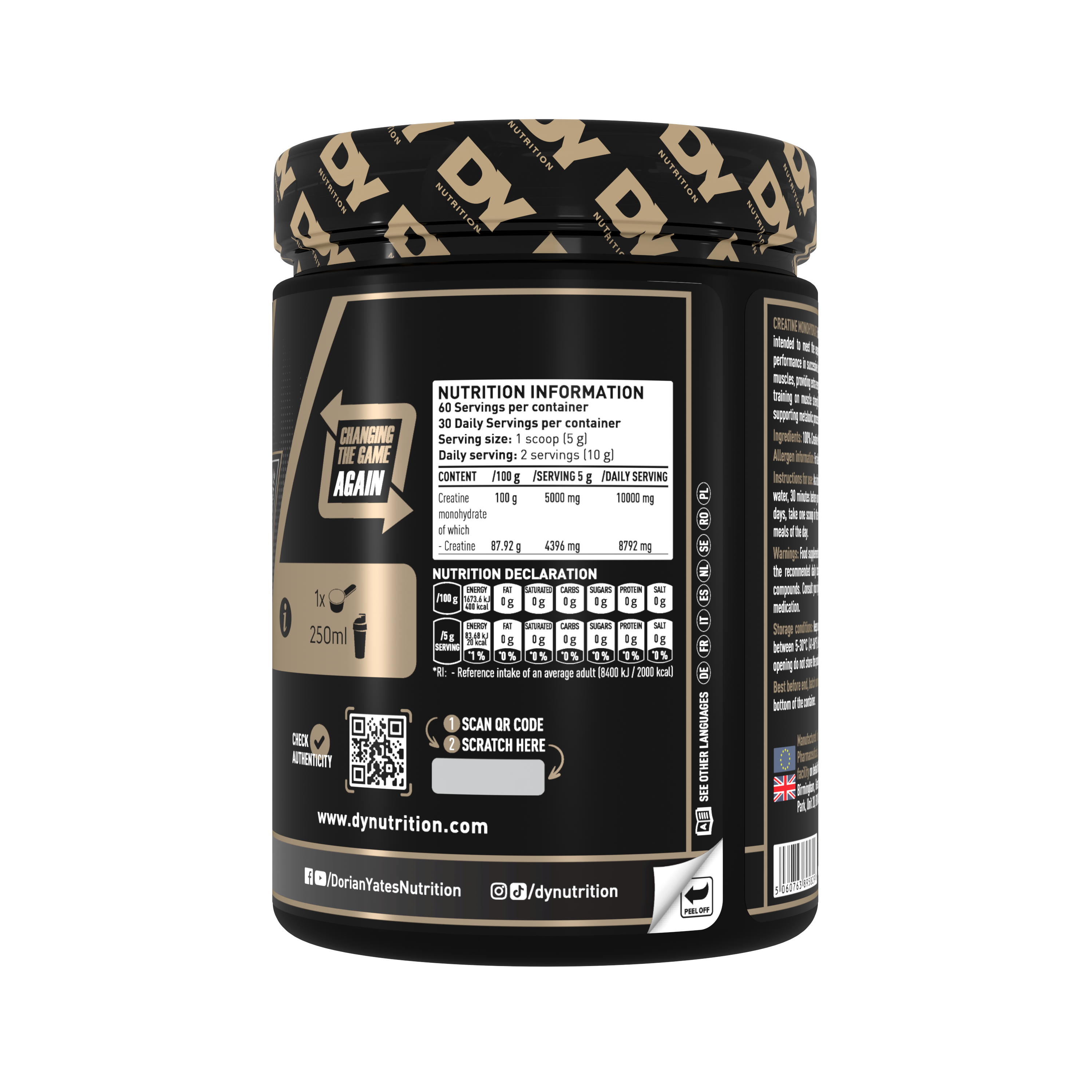 Dynutrition Creatine Shadow Monohydrate Dorian Yates 300 g | 60 Servicios · 5g por Toma