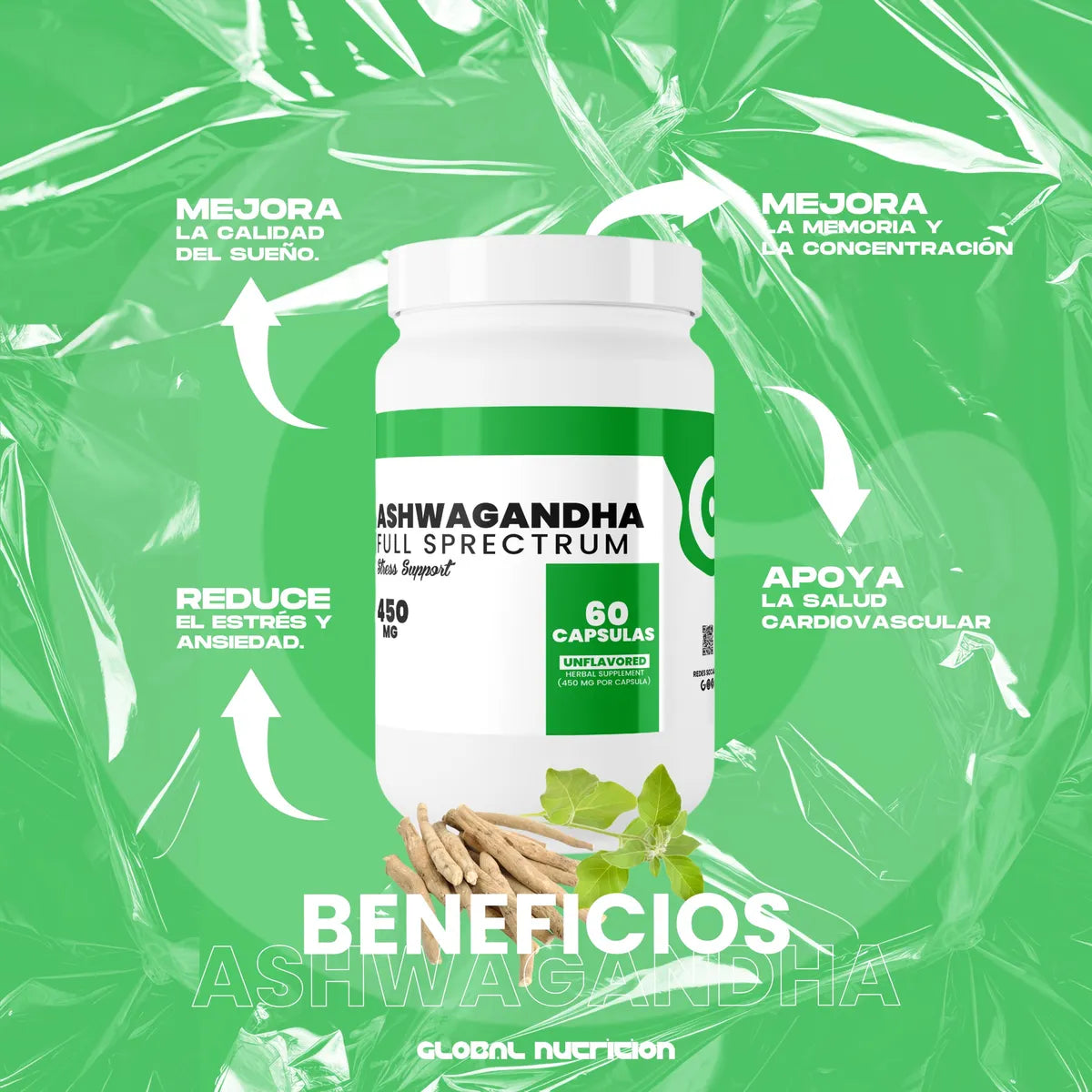 Global Nutrition Ashwagandha Full Spectrum 450 mg | 60 Cápsulas · Anti-Estrés y Energía