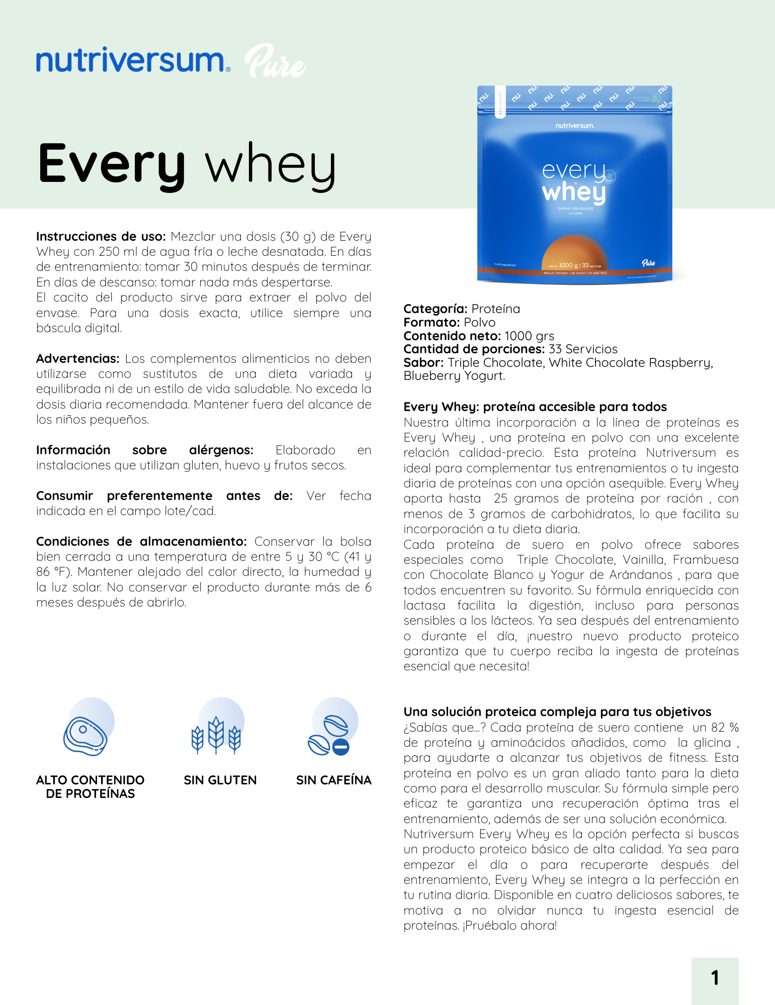 Proteína Every Whey Nutriversum 1000g 33 Servicios