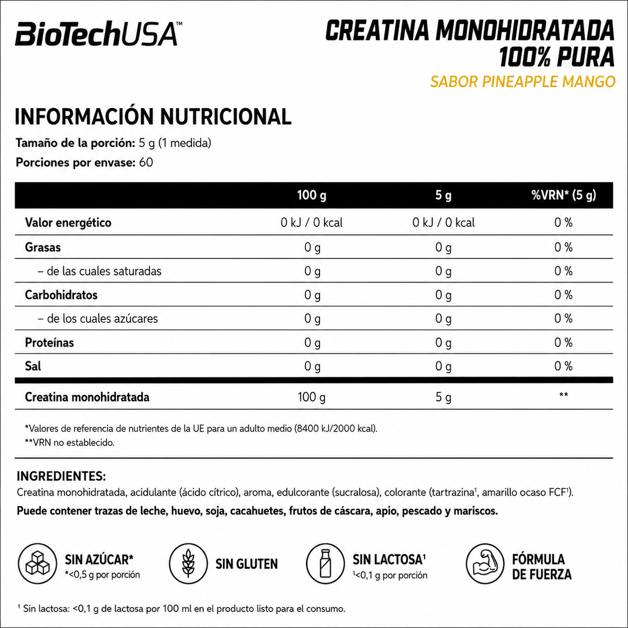 BioTechUSA Creatina Micronizada 100% Pura Sabores 300 g | 60 Servicios · 3g por Toma · Fuerza