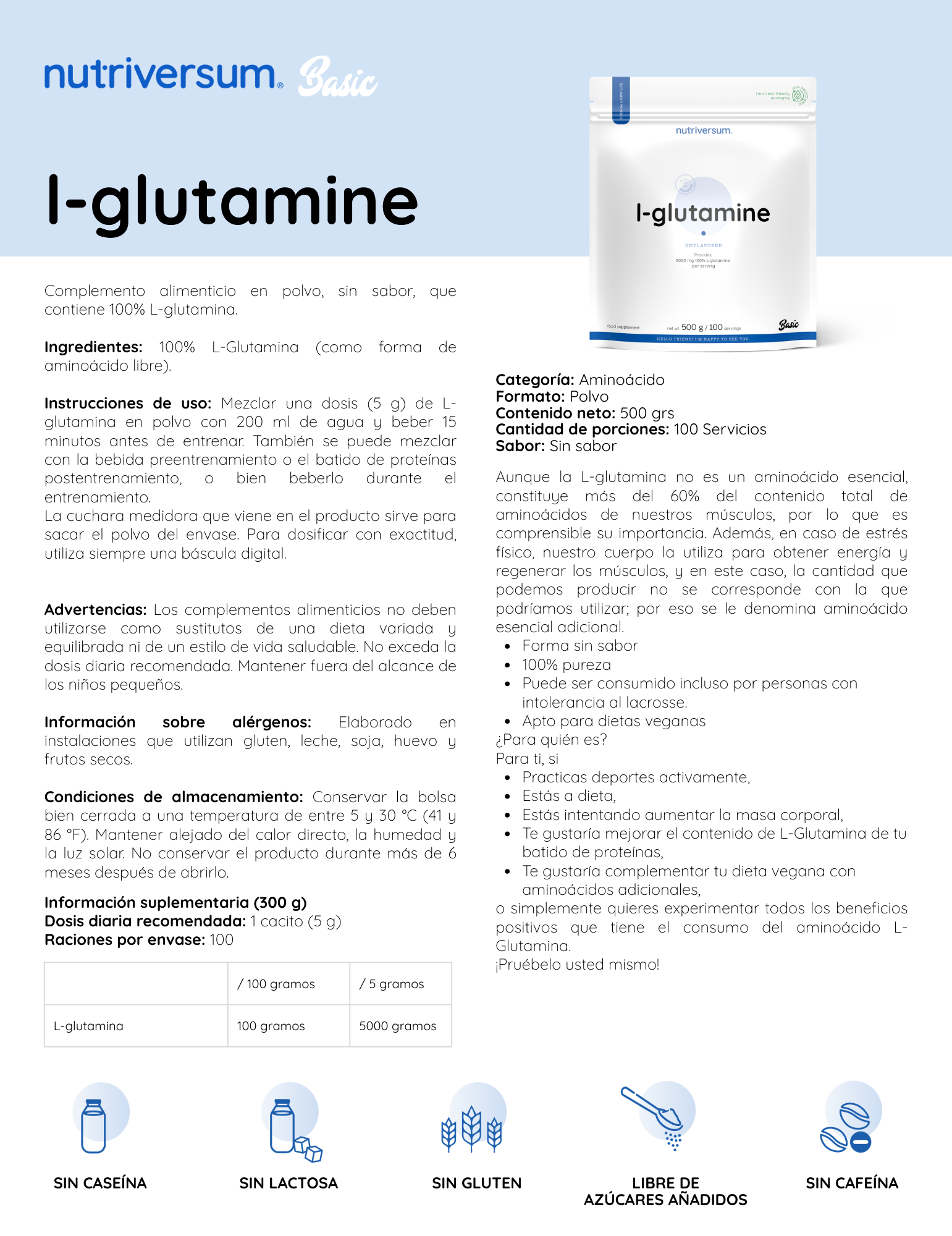 L-Glutamine 100% - Nutriversum - 500g / 100 Servicios