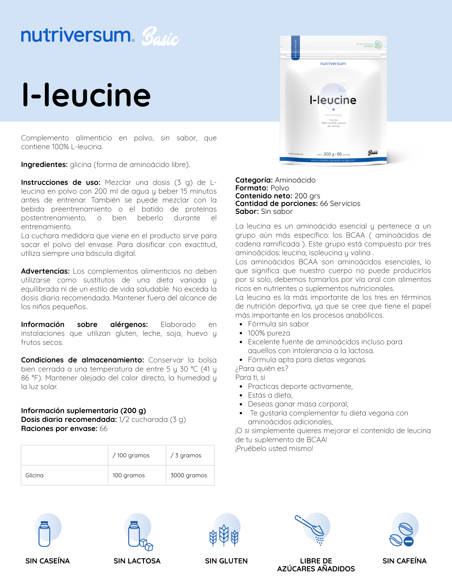 L-Leucine 100% - Nutriversum - 200g / 66 Servicios