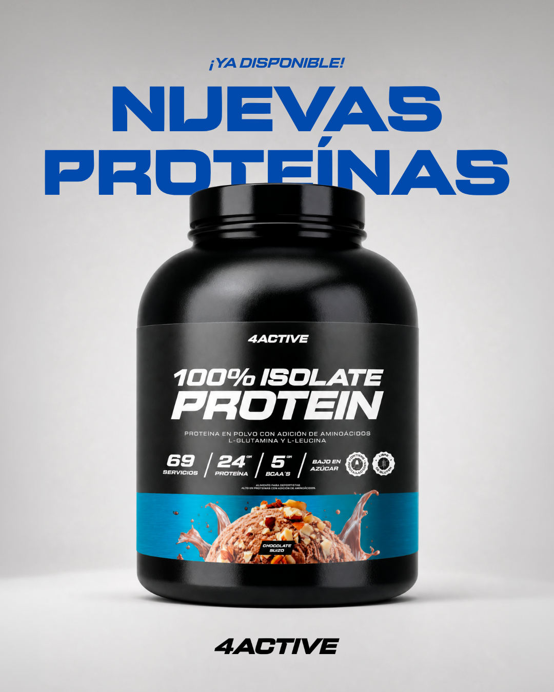 4Active 100% Isolate Protein 2000 G | Proteína Aislada 24g de Proteína, 5g BCAA y Bajo en Azúcar