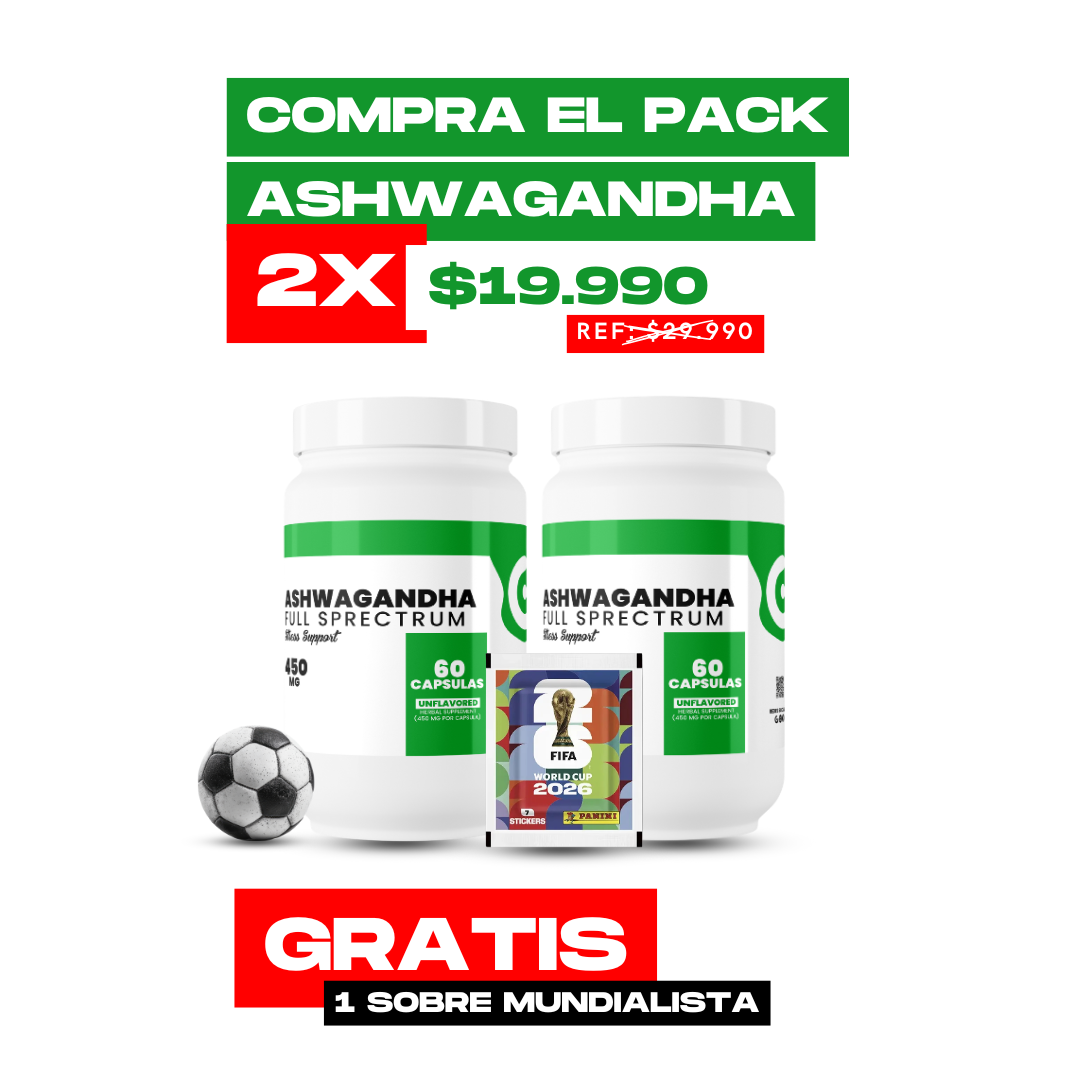 Pack 2 Ashwagandha Full Spectrum 450mg Global Nutrition + Regalo 1 Sobre Mundial 2026