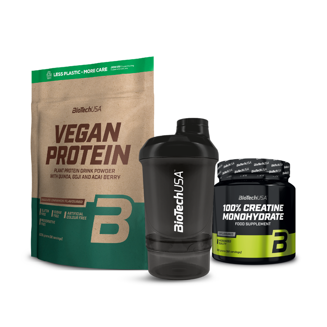 Pack BioTechUSA Vegan Protein 2000g + Creatina 300g + Shaker | Proteína Vegana · Fuerza · Recovery