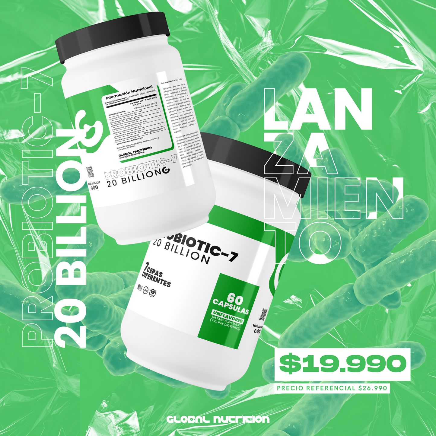 Probiótico Premium 20 Billion - 7 Cepas Activas - 60 Caps - Global Nutrition