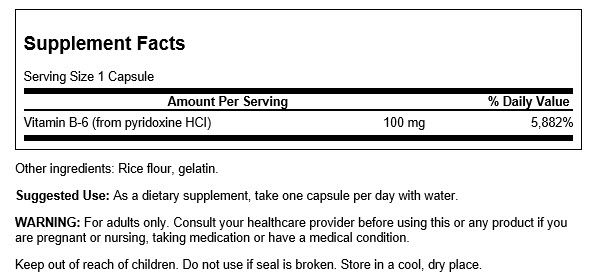 Swanson Vitamin B-6 Pyridoxine 100mg 100 Cápsulas | Vitamina B6