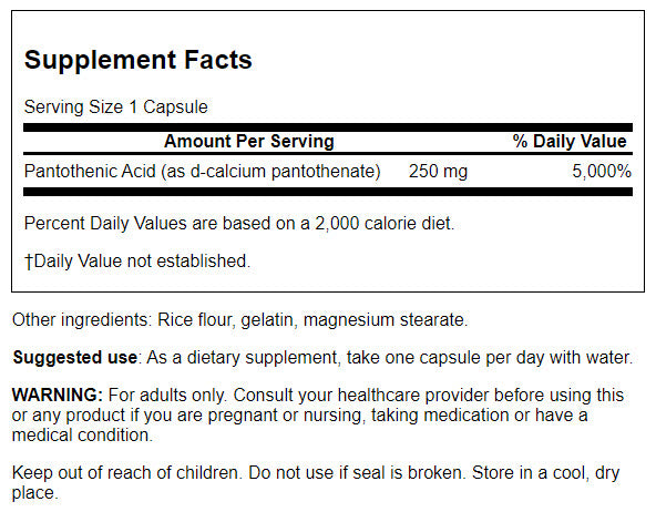 Swanson Pantothenic Acid 250 mg | Ácido Pantoténico (Vitamina B5) – 250 Cápsulas