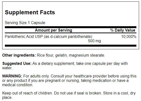 Swanson Pantothenic Acid 500 mg | Ácido Pantoténico (Vitamina B5) – 250 Cápsulas