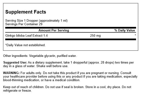 Swanson Ginkgo Biloba Liquid Extract 250 mg – Extracto Líquido | 1 fl oz
